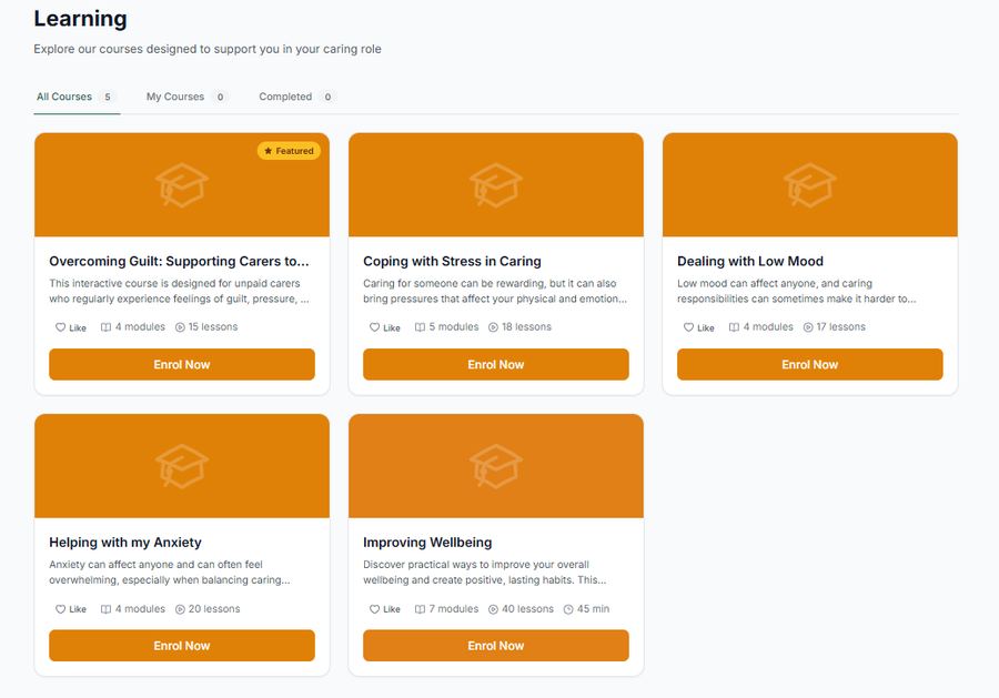 A learning hub showing five courses including Overcoming Guilt, Coping with Stress in Caring and Dealing with Low Mood.